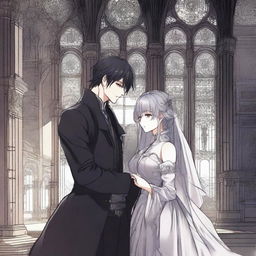 A dark and forbidden romance scene from a manhwa, featuring a mysterious couple in a shadowy, gothic setting