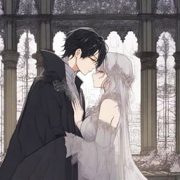 A dark and forbidden romance scene from a manhwa, featuring a mysterious couple in a shadowy, gothic setting