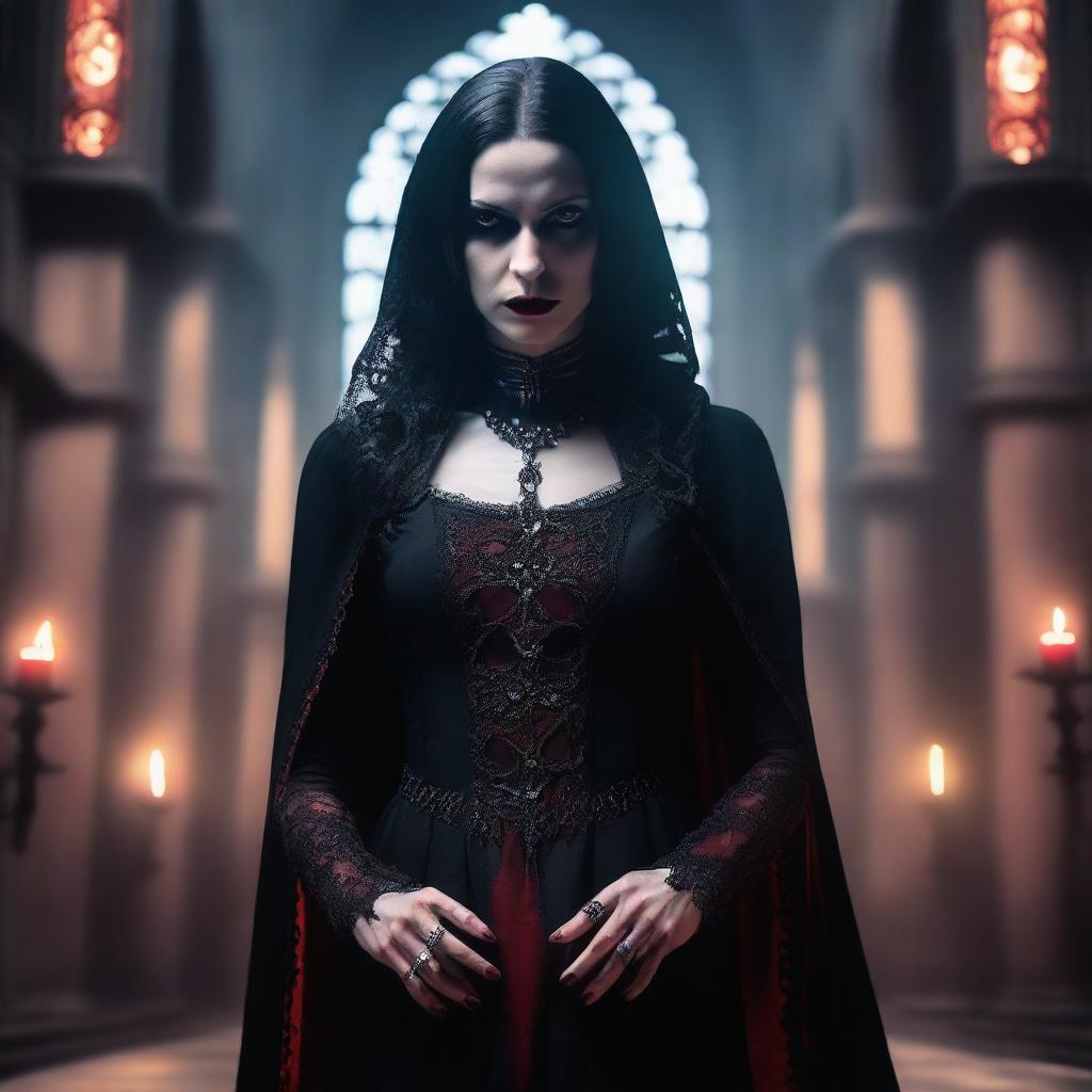 A sadistic vampire priestess with a menacing expression, dressed in dark, gothic attire with blood-red accents