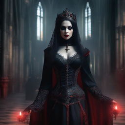 A sadistic vampire priestess with a menacing expression, dressed in dark, gothic attire with blood-red accents