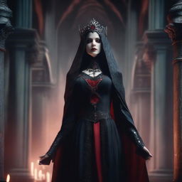 A sadistic vampire priestess with a menacing expression, dressed in dark, gothic attire with blood-red accents