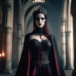 A sadistic vampire priestess with a menacing expression, dressed in dark, gothic attire with blood-red accents