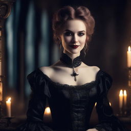 A sadistic vampire noble woman with pale skin and sharp fangs, dressed in an elegant Victorian gown