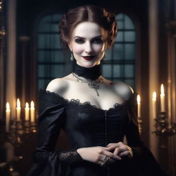 A sadistic vampire noble woman with pale skin and sharp fangs, dressed in an elegant Victorian gown