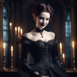 A sadistic vampire noble woman with pale skin and sharp fangs, dressed in an elegant Victorian gown