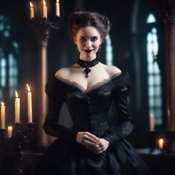 A sadistic vampire noble woman with pale skin and sharp fangs, dressed in an elegant Victorian gown