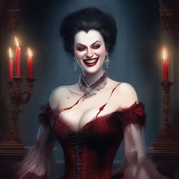 An evil vampire noblewoman with a big bust, covered in blood, laughing maniacally