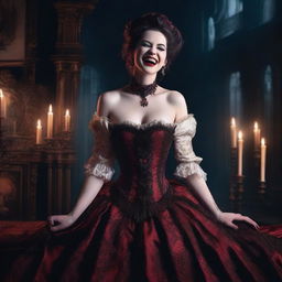 An evil vampire noblewoman with a big bust, covered in blood, laughing maniacally