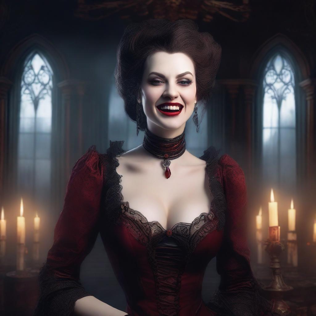 An evil vampire noblewoman with a big bust, covered in blood, laughing maniacally