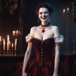 An evil vampire noblewoman with a big bust, covered in blood, laughing maniacally