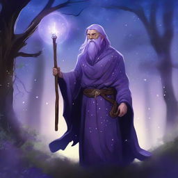 A Firbolg Druid of the Stars with flowing purple hair, standing in a mystical forest under a starlit sky