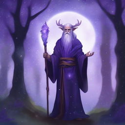 A Firbolg Druid of the Stars with flowing purple hair, standing in a mystical forest under a starlit sky