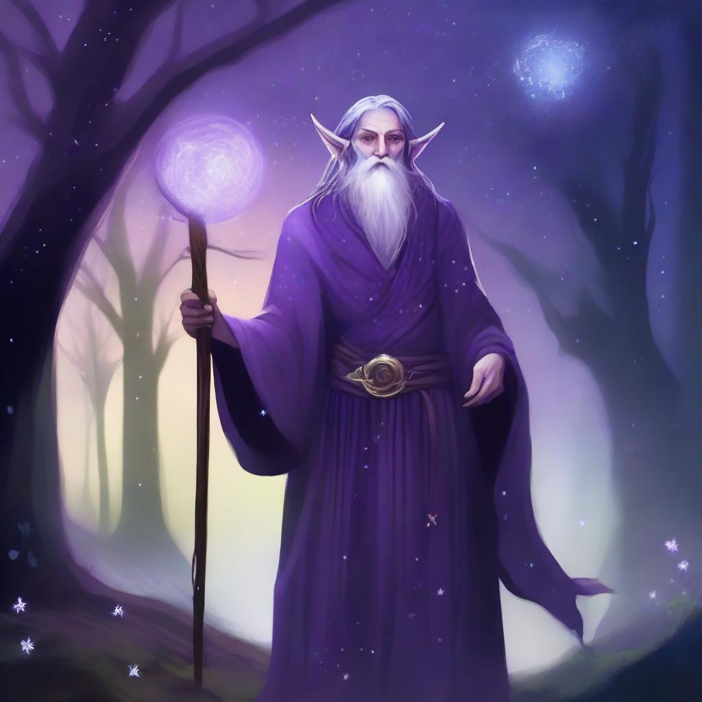 A Firbolg Druid of the Stars with flowing purple hair, standing in a mystical forest under a starlit sky