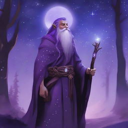 A Firbolg Druid of the Stars with flowing purple hair, standing in a mystical forest under a starlit sky