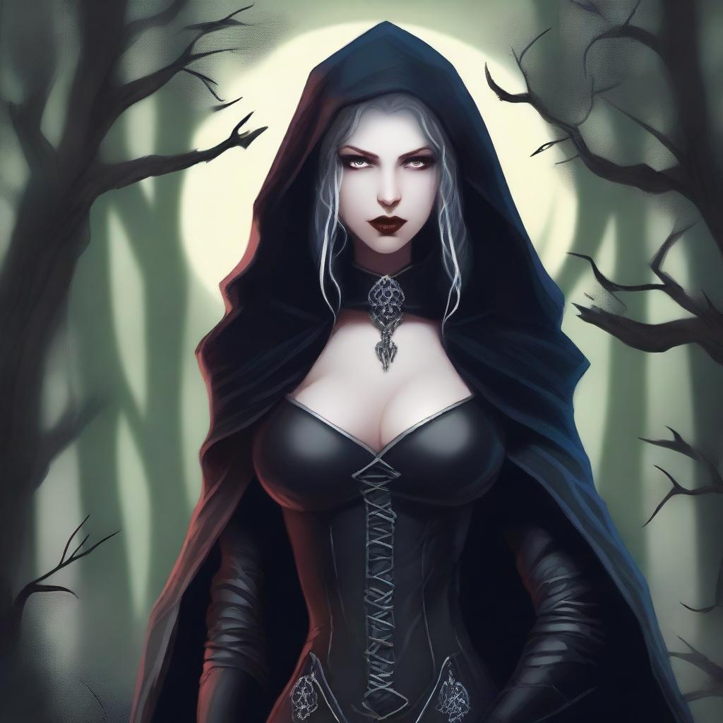 An evil hooded vampire princess with a big bust, wearing dark leather clothing