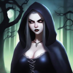 An evil hooded vampire princess with a big bust, wearing dark leather clothing