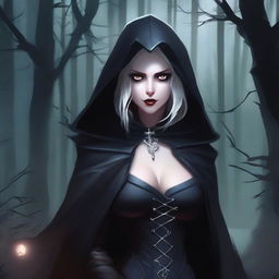 An evil hooded vampire princess with a big bust, wearing dark leather clothing