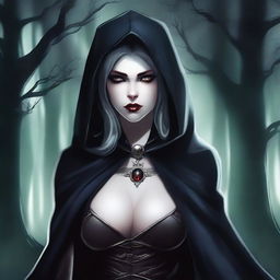 An evil hooded vampire princess with a big bust, wearing dark leather clothing