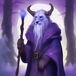 A Firbolg Druid of the Stars with flowing purple hair and animal features, standing in a mystical forest under a starlit sky