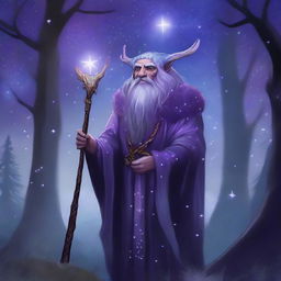 A Firbolg Druid of the Stars with flowing purple hair and animal features, standing in a mystical forest under a starlit sky