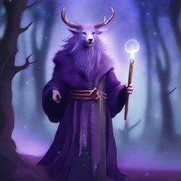 A Firbolg Druid of the Stars with flowing purple hair and animal features, standing in a mystical forest under a starlit sky