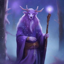 A Firbolg Druid of the Stars with flowing purple hair and animal features, standing in a mystical forest under a starlit sky