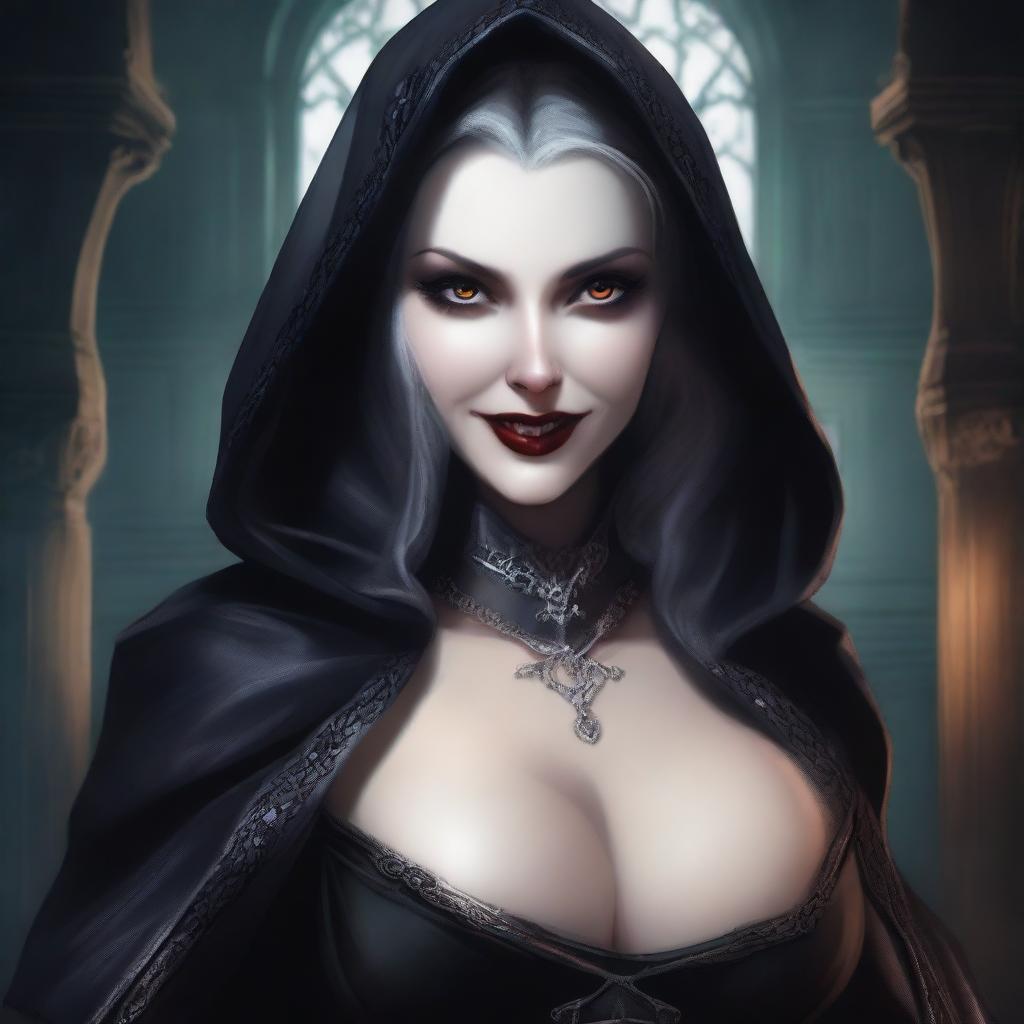 An evil hooded vampire princess with a big bust, wearing fancy leather clothing and smiling menacingly