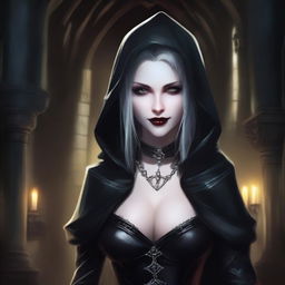 An evil hooded vampire princess with a big bust, wearing fancy leather clothing and smiling menacingly