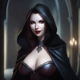 An evil hooded vampire princess with a big bust, wearing fancy leather clothing and smiling menacingly