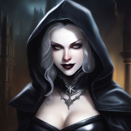 An evil hooded vampire princess with a big bust, wearing fancy leather clothing and smiling menacingly