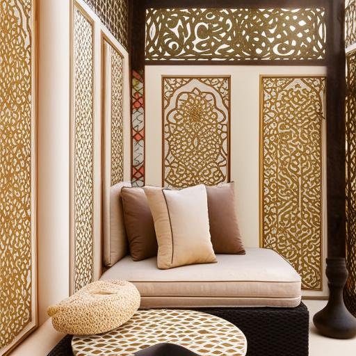 Beautiful outdoor seating area design, influenced by the intricate and flowing patterns of Arabic lines, featuring plush cushions, distinct geometric motifs, and detailed embellishments in lush colors.