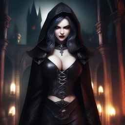 An evil hooded vampire princess with a big bust, red eyes, and wearing fancy leather clothing