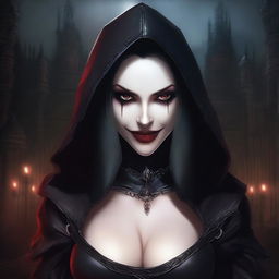 An evil hooded vampire princess with a big bust, red eyes, and wearing fancy leather clothing