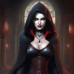 An evil hooded vampire princess with a big bust, red eyes, and wearing fancy leather clothing