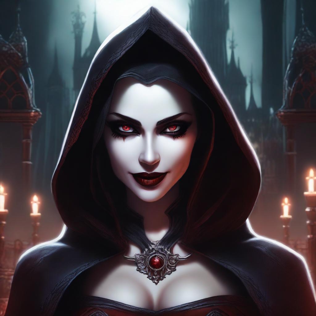 An evil hooded vampire princess with a big bust, red eyes, and wearing fancy leather clothing