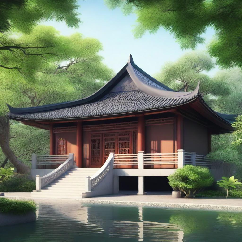 A serene and elegant Chinese-style architecture surrounded by lush greenery