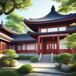 A serene and elegant Chinese-style architecture surrounded by lush greenery