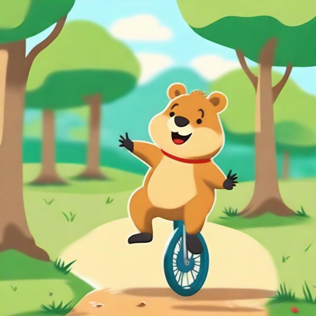 A cheerful quokka is riding a unicycle with a big smile on its face