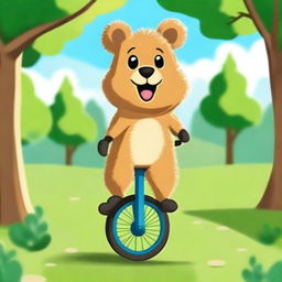 A cheerful quokka is riding a unicycle with a big smile on its face