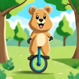 A cheerful quokka is riding a unicycle with a big smile on its face