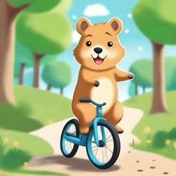 A cheerful quokka is riding a unicycle with a big smile on its face