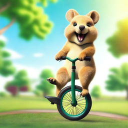 A photo-realistic image of a cheerful quokka riding a unicycle