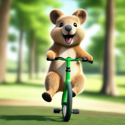 A photo-realistic image of a cheerful quokka riding a unicycle