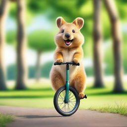 A photo-realistic image of a cheerful quokka riding a unicycle