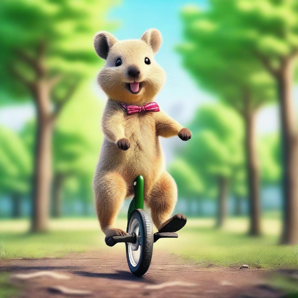 A photo-realistic image of a cheerful quokka riding a unicycle