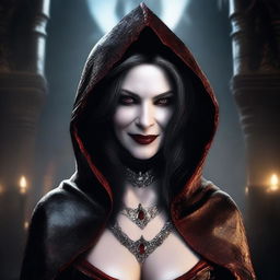 A mature, evil hooded vampire queen with a big bust and red eyes, wearing elaborate and fancy leather clothing