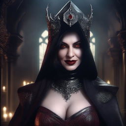 A mature, evil hooded vampire queen with a big bust and red eyes, wearing elaborate and fancy leather clothing