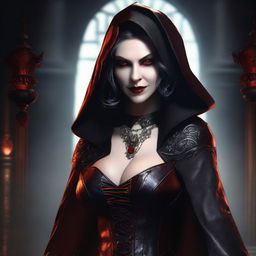 A mature, evil hooded vampire queen with a big bust and red eyes, wearing elaborate and fancy leather clothing