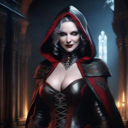 A mature, evil hooded vampire queen with a big bust and red eyes, wearing elaborate and fancy leather clothing