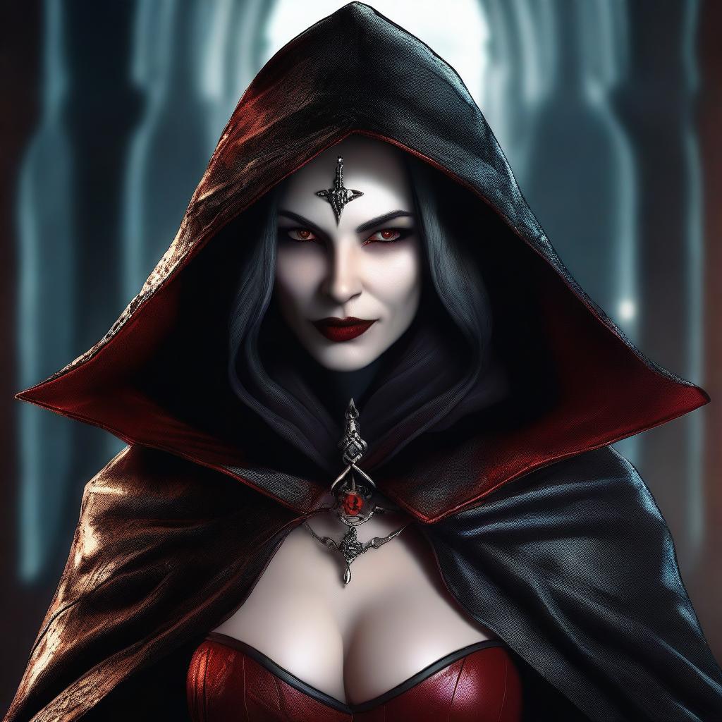 A mature, evil hooded vampire queen with a big bust and red eyes, wearing elaborate and fancy leather clothing